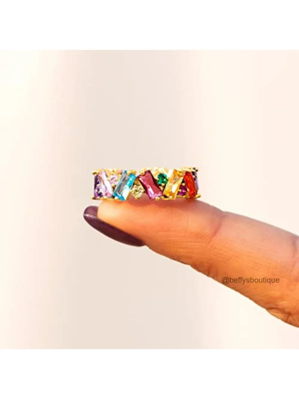 925 Sterling Silver Rainbow Eternity Band Ring for Women - 18K Gold Plated